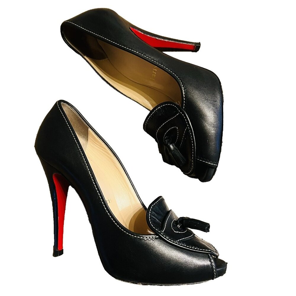 Christian Louboutin Alta Campus Heels Black Size 37.5 Peep Toe Red Bottoms - Picture 2 of 14